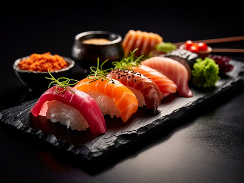 Sashimi sushi set with soy on black background. Generative AI