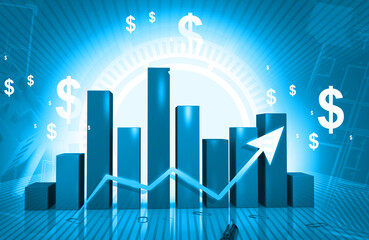 Business growth graph chart on blue background. 3d illustration.