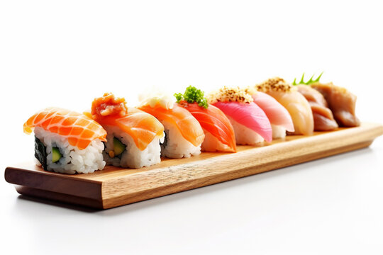 seafood roll set rice white sushi background fish food healthy japanese. Generative AI.