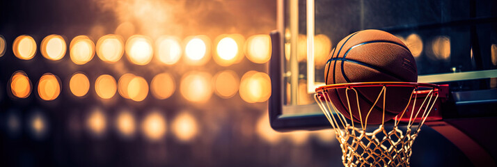 Basketball Korb mit Ball im Korb und Bokeh Hintergund, Banner, Generative AI