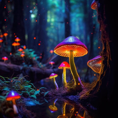 Fototapeta na wymiar Glowing psychedelic neon magic mushrooms in the forest, generative ai