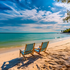 Fototapeta na wymiar Relax chair Empty sea wave sand sun tropical beach background. Generative Ai.