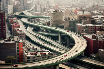 Naklejka premium City Roads with Whiplash Curves. Generative AI. A digital rendering of city roads and highways with whiplash curves in a fantasy and surrealistic setting.