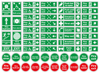 Commonly used signs in case of fire. Emergency exit and action in case of fire.