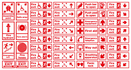Frequently used fire signs in red. Emergency exit and action in case of fire.