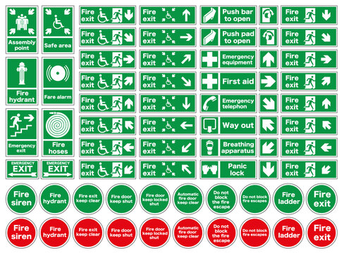 Commonly used signs in case of fire. Emergency exit and action in case of fire.