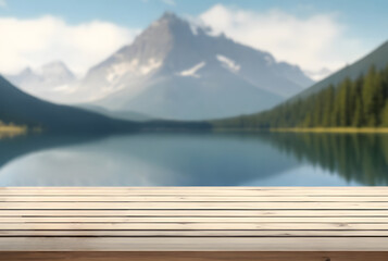 Wooden table against mountain, blurry background. AI Generated