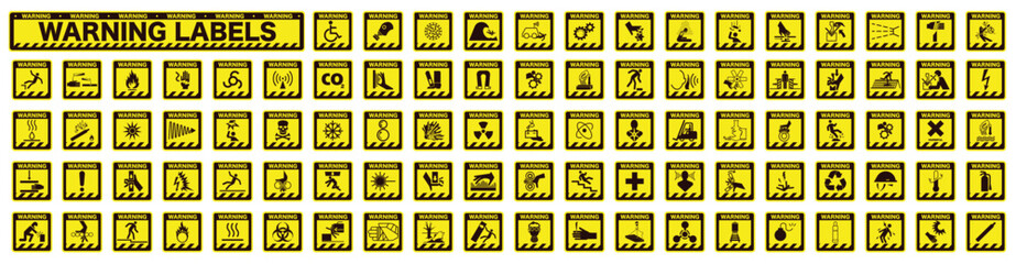 Collection of warning and safety signs. Set of safety and caution signs. Square yellow signs with the designation dangerous. - obrazy, fototapety, plakaty
