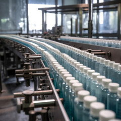 Obraz premium Pharmaceutical manufacture background with glass bottles on automatic conveyor line. AI generation..
