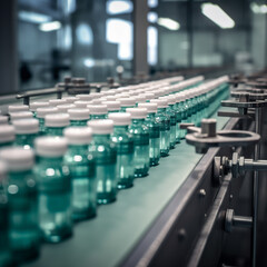 Fototapeta na wymiar Pharmaceutical manufacture background with glass bottles on automatic conveyor line. AI generation..