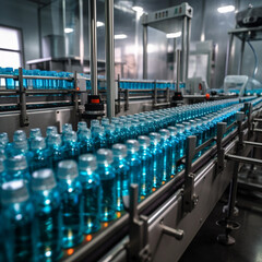 Pharmaceutical manufacture background with glass bottles on automatic conveyor line. AI generation..