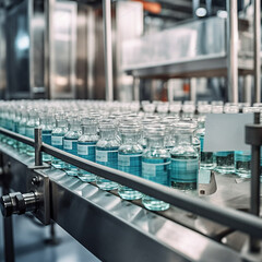 Pharmaceutical manufacture background with glass bottles on automatic conveyor line. AI generation..