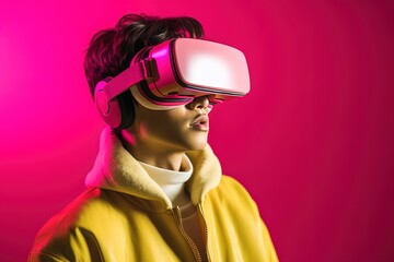 Portrait of a futuristic young man wearing virtual reality glasses.Generative Ai
