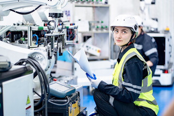 Mechanical engineers with robotic welder., Programming development technology work. Female industrial engineer working at automated AI robotic production factory
