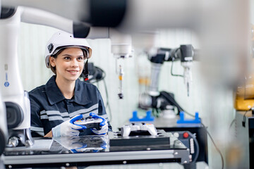 Mechanical engineers with robotic welder., Programming development technology work. Female...