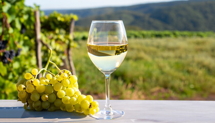 One glass of white wine standing on a table next to a bunch of grapes in the shade overlooking a...