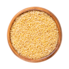 Coarse bulgur, also called burghul, in a wooden bowl. Cracked and parboiled wheat foodstuff, and a common ingredient in many cuisines of West Asia and Mediterranean Basin, with light and nutty flavor.
