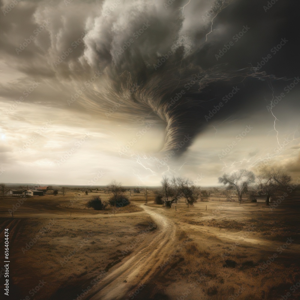 Poster tornado rushing over an empty landscape created with generative ai
