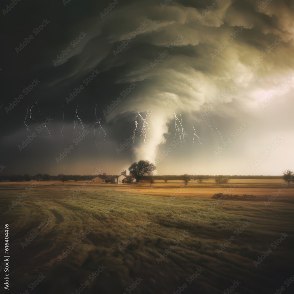 Poster tornado rushing over an empty landscape created with generative ai