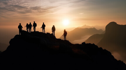 Fototapeta na wymiar Silhouette of Business People and hikers Celebrating At Sunset