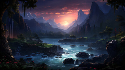 Mountain river in the forest. Nature landscape background AI Generative
