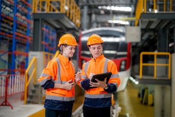 Engineer Checking and maintaining Machine Equipment of train in station.