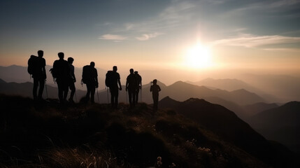 Silhouette of Business People and hikers Celebrating At Sunset