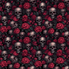 3d skull and red roses seamless pattern