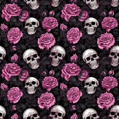 d skull and pink roses seamless pattern. Generative AI