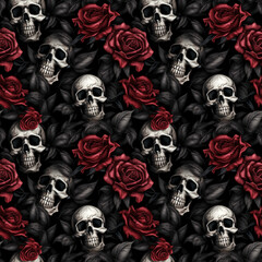 3d skull and red roses seamless pattern