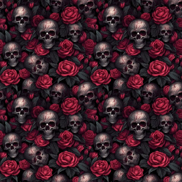 3d skull and red roses seamless pattern