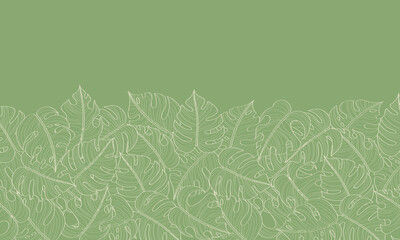 green background with monstera leaves, tropical plants line art background vector. Design illustration for decoration, wall decor, wallpaper, cover, banner, poster, card