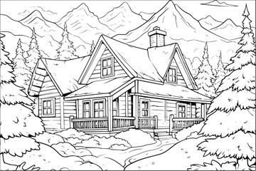 Coloring page for adult and kids. Sketch of Wooden cabin in pine forest with mountains background. 