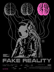 Retro futuristic poster with a man connected to virtual reality glasses. Reading brains for simulations, and the text "fake reality". Print for T-shirt, hoodie and sweatshirt