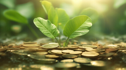 ESG concept of environmental, social, and governance.ESG small tree on stack coins idea for esg investment sustainable organizational development.  - obrazy, fototapety, plakaty