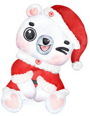 Cute Christmas Polar Bear in Santa Dress, Cartoon Watercolor Illustration