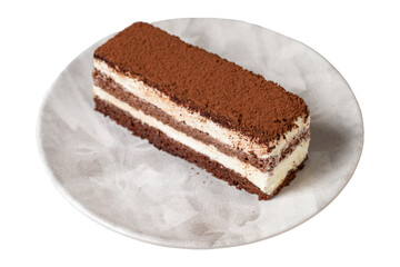 Tiramisu cake isolated on white background. Italian food culture. Bakery desserts. close up