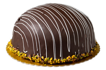Pistachio and fruit cake isolated on white background. Birthday and celebration cake. Bakery desserts. close up