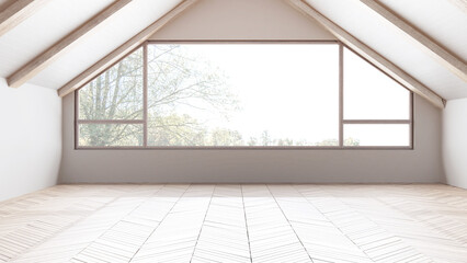 Fototapeta premium Empty room interior design, open space with parquet floor, bleached wooden sloping ceiling and panoramic window, white walls, modern japandi architecture concept idea