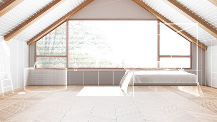 Empty white and wooden interior with parquet floor and beams ceiling, custom architecture design project, white ink sketch, blueprint showing minimal japandi bedroom and bathroom