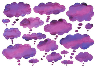 赤紫色のふわふわとした雲型の吹き出し水彩素材