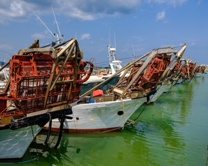 Fishing boats moored in the port of the city of Fano in the Marche region, Italy