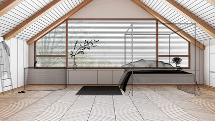 Empty white and wooden interior with parquet floor and beams ceiling, custom architecture design project, black ink sketch, blueprint showing minimal japandi bedroom and bathroom