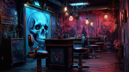 Gloomy room with a skull and neon light in a tattoo parlor. Mystical interior.