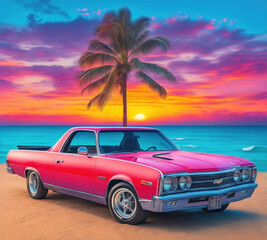 Retro car on the beach with palms  at sunset vintage design illustration, generative Ai.