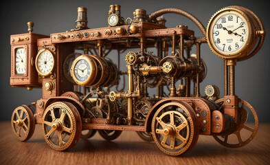 Fototapeta na wymiar Steampunk time machine fantastic vehicle, retro technology illustration. Generative Ai.