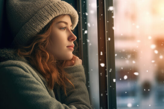 Close up of a young woman contemplating a winter scene from her window. Generative AI