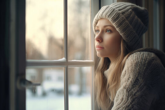 Close up of a young woman contemplating a winter scene from her window. Generative AI