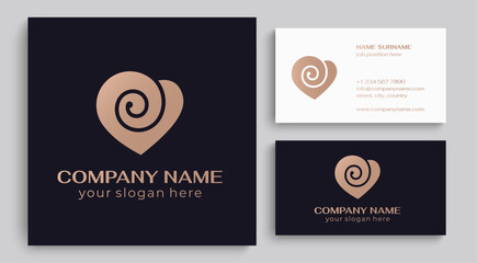 Heart and spiral logo. Flower in the shape of a heart. Roll of fabric or paper. Elegant flowing lines. Template for creating a unique luxury design