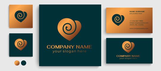 Heart and spiral logo. Flower in the shape of a heart. Roll of fabric or paper. Elegant flowing lines. Template for creating a unique luxury design